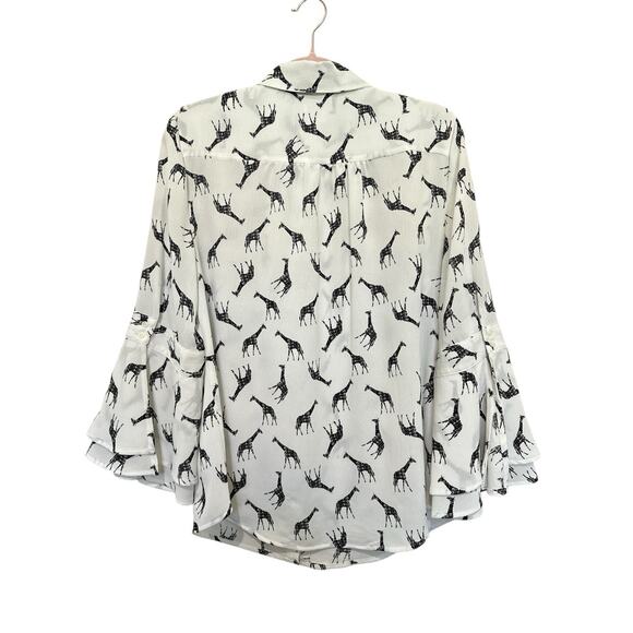 Chico's Whimsical Giraffe Blouse with bell sleeves. Size 1 - Picture 7 of 8